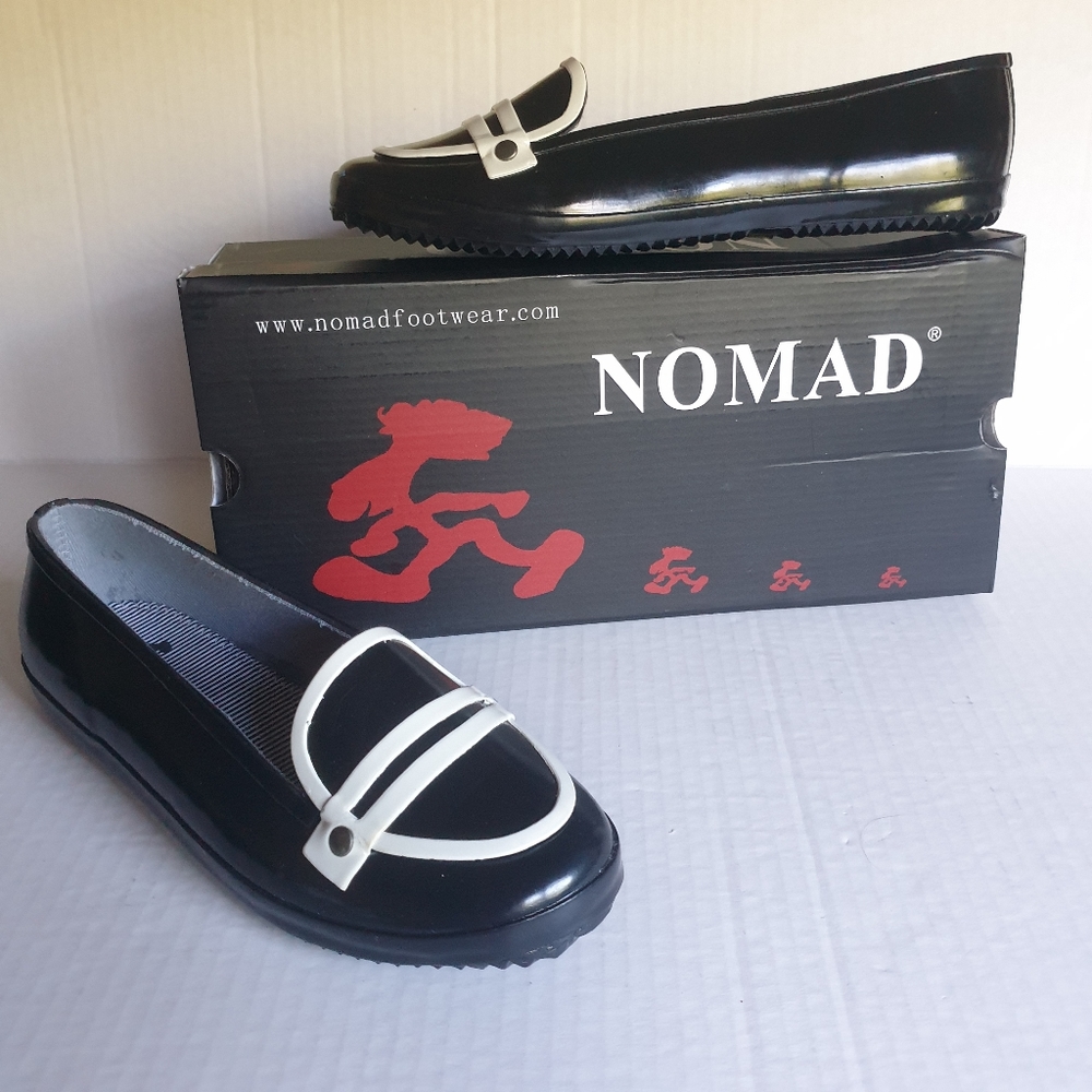 Nomad Mist Pipetrim Black & White Rubber Slip-On Flat Loafer Style Rain Shoes  7